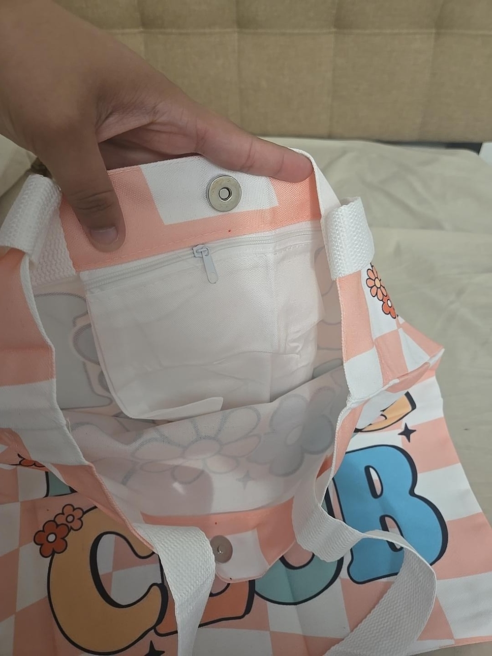 Peach & White Checkerboard Graphic Tote Bag with Fun Lettering